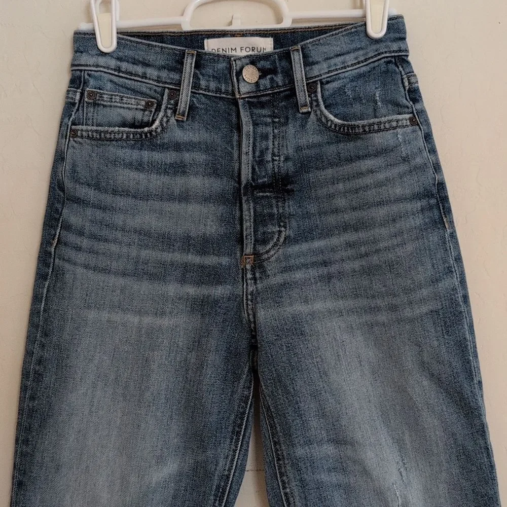 Denim Forum Arlo High Rise Straight Blue Raw Hem Button Fly Jeans Organic - 24